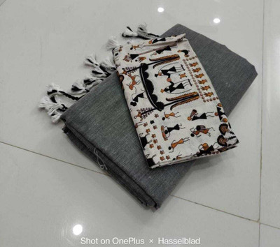 TARAMAACREATION Printed Kalamkari Handloom Pure Cotton Saree(Grey)
