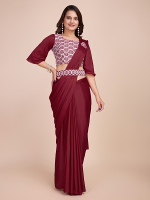 TRESPINO Printed Bollywood Lycra Blend Saree(Maroon)