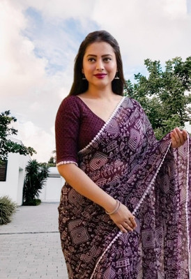 HouseOfCommon Applique, Geometric Print Bollywood Georgette Saree(Purple)
