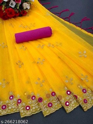 nelius Embroidered Bollywood Net Saree(Yellow)