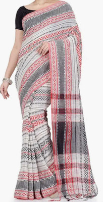 Dixon Embroidered Handloom Cotton Blend Saree(White)