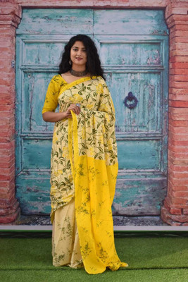 JAIPURI BLOCK PRINT Printed Daily Wear Pure Cotton Saree(Yellow)