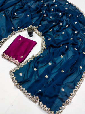 BrownSoilOrganics Embellished, Floral Print Bollywood Satin Saree(Blue, Purple)