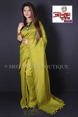 BRYNBRIT Self Design Handloom Cotton Blend Saree(Green)