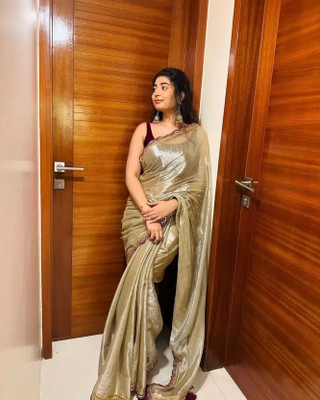 kaushal textiles Solid/Plain, Woven Saree with Attached Blouse Georgette Saree(Cream)