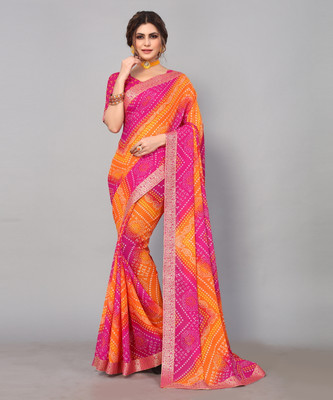 ANIRAV Printed Bandhani Georgette Saree(Pink)