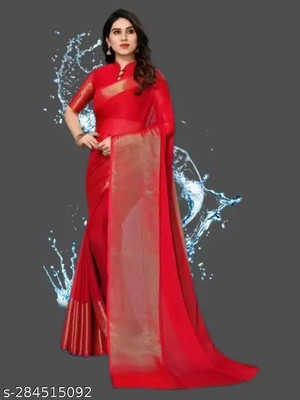 Vragi Self Design Chanderi Chiffon Saree(Red)
