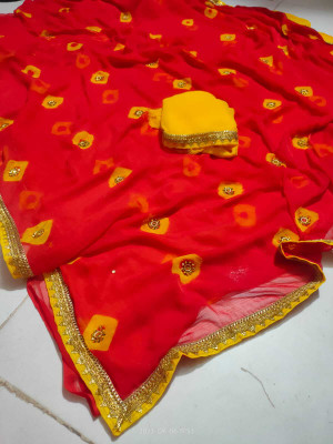 NeeLKANTH ENTERPRISE Blocked Printed, Color Block, Hand Painted, Dyed Bandhani Chiffon Saree(Red)