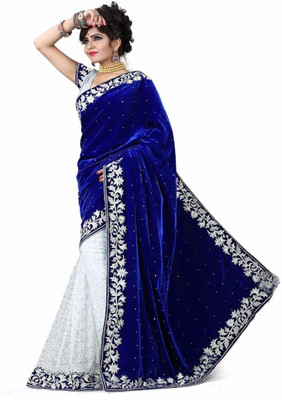 Vrundavan ethics Embellished Bollywood Velvet Saree(Blue)
