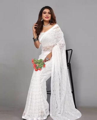 SwiftStyle Dyed Bollywood Net Saree(White)