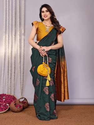 ROOP SUNDARI SAREES Woven Banarasi Jacquard Saree(Dark Green, Mustard)