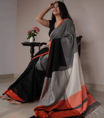 BRYNBIT Printed Chanderi Cotton Blend Saree(Grey, Black, Orange)