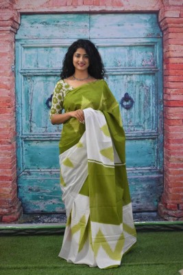 NIKHILAM Printed Daily Wear Pure Cotton Saree(Green, White)