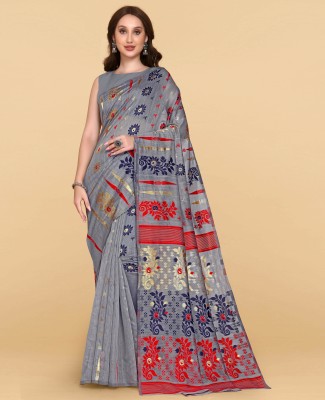 worvox Self Design, Woven Jamdani Cotton Linen Saree(Grey)