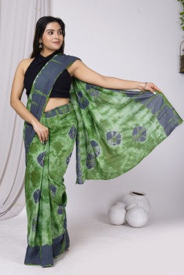 NIKHILAM Blocked Printed, Color Block, Dyed, Floral Print, Printed Daily Wear Pure Cotton Saree(Green)