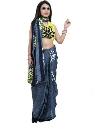 Suraj International Blocked Printed, Checkered, Digital Print, Dyed, Floral Print, Printed, Self Design Daily Wear Pure Cotton Saree(Grey)