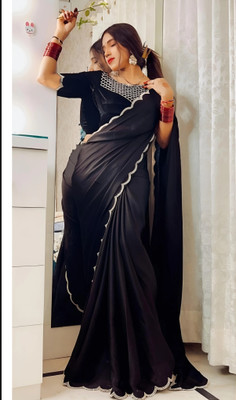HIJA TRENDZ Solid/Plain Bollywood Georgette Saree(Black)