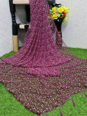 GRLTEX Embellished Bollywood Nylon, Net Saree(Purple)