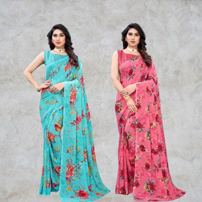Kanooda Prints Printed Daily Wear Georgette Saree(Pack of 2, Multicolor)