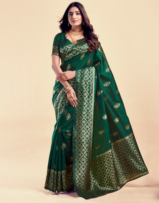 Samah Woven, Embellished, Self Design Banarasi Silk Blend, Jacquard Saree(Dark Green, Gold)