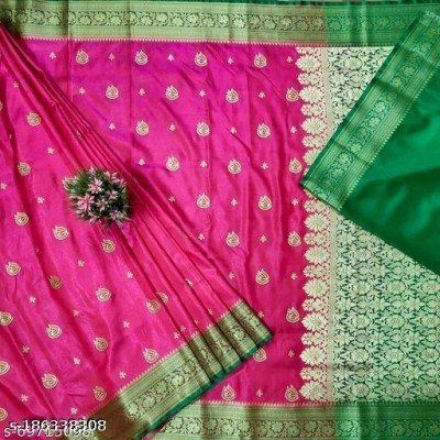 Haniyasarees Woven Banarasi Satin Saree(Pink, Green)