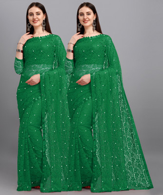 LOROFY Self Design Bollywood Net Saree(Pack of 2, Blue)