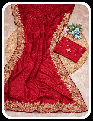 Break Creation Embroidered Banarasi Art Silk Saree(Red)