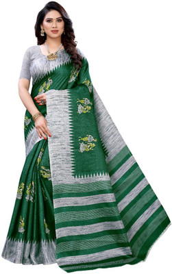 Grubstaker Printed Assam Silk Art Silk Saree(Green)