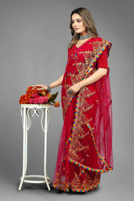 Yashakti Designer Embroidered Bollywood Net Saree(Red)