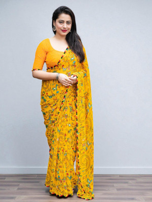 Akshu Fashion Printed Bollywood Chiffon Saree(Yellow, Multicolor)