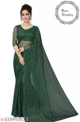 Online Bazaaar Woven Bollywood Net Saree(Dark Green)