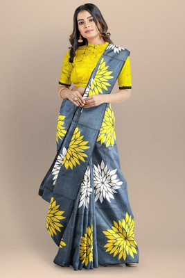 HIYAMI Blocked Printed, Color Block, Floral Print, Printed Ikkat Pure Cotton Saree(Grey, Yellow)