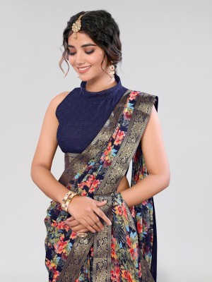 ANIRAV Printed Bandhani Georgette, Lace Saree(Blue)