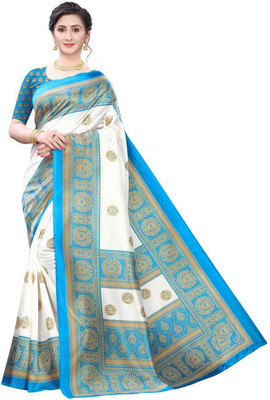 Saadhvi Woven Mysore Art Silk Saree(White, Blue)