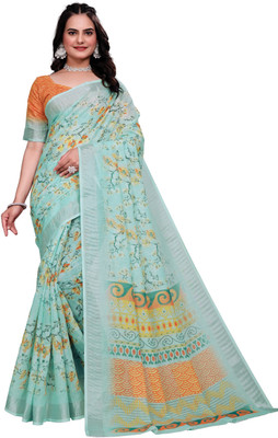 HouseOfCommon Floral Print Bollywood Cotton Linen Saree(Light Green)