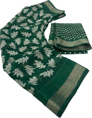 Vichitra Printed Bollywood Cotton Blend Saree(Green)