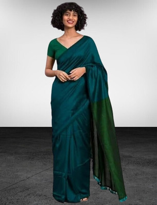 BRYNBRIT Solid/Plain Handloom Cotton Blend Saree(Green)
