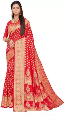 GREEN PEARS Woven Banarasi Jacquard Saree(Red)