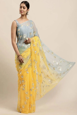 RAJESHWAR FASHION Embroidered Bollywood Organza Saree(Grey, Mustard)