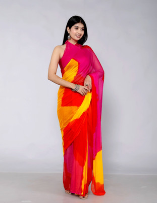HouseOfCommon Self Design, Solid/Plain, Printed, Woven, Hand Painted Bandhani Chiffon Saree(Yellow)