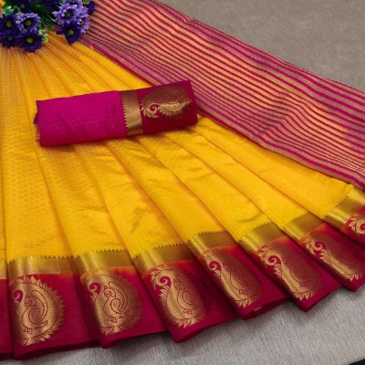 Kanooda Prints Woven Banarasi Jacquard Saree(Yellow, Pink)