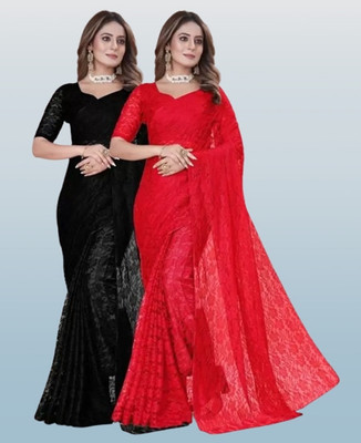 Amavii Floral Print Bollywood Net Saree(Pack of 2, Multicolor)