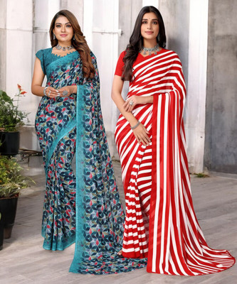 HouseOfCommon Printed Bollywood Georgette Saree(Pack of 2, Multicolor)