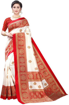 VCREATION Self Design Bhagalpuri Art Silk Saree(White, Red)