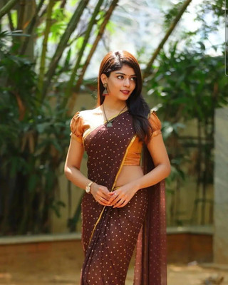 Desi Style Polka Print Bollywood Net, Chiffon Saree(Brown)