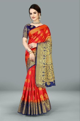 alakh Woven, Temple Border, Self Design Banarasi Jacquard Saree(Red, Dark Blue)