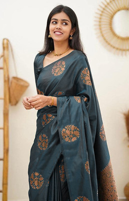 Nirvaan Solid/Plain Banarasi Cotton Silk, Jacquard Saree(Grey)