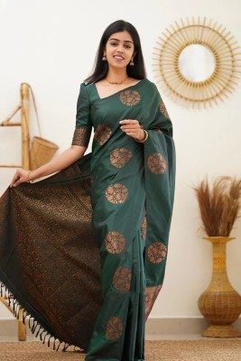 nilormy Woven Banarasi Pure Silk Saree(Dark Green)