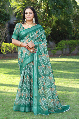 HouseOfCommon Floral Print Bollywood Cotton Linen Saree(Green)