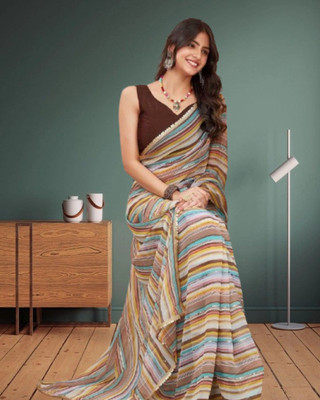 Jayu Digital Print, Embroidered, Printed, Striped Bollywood Georgette Saree(Brown)